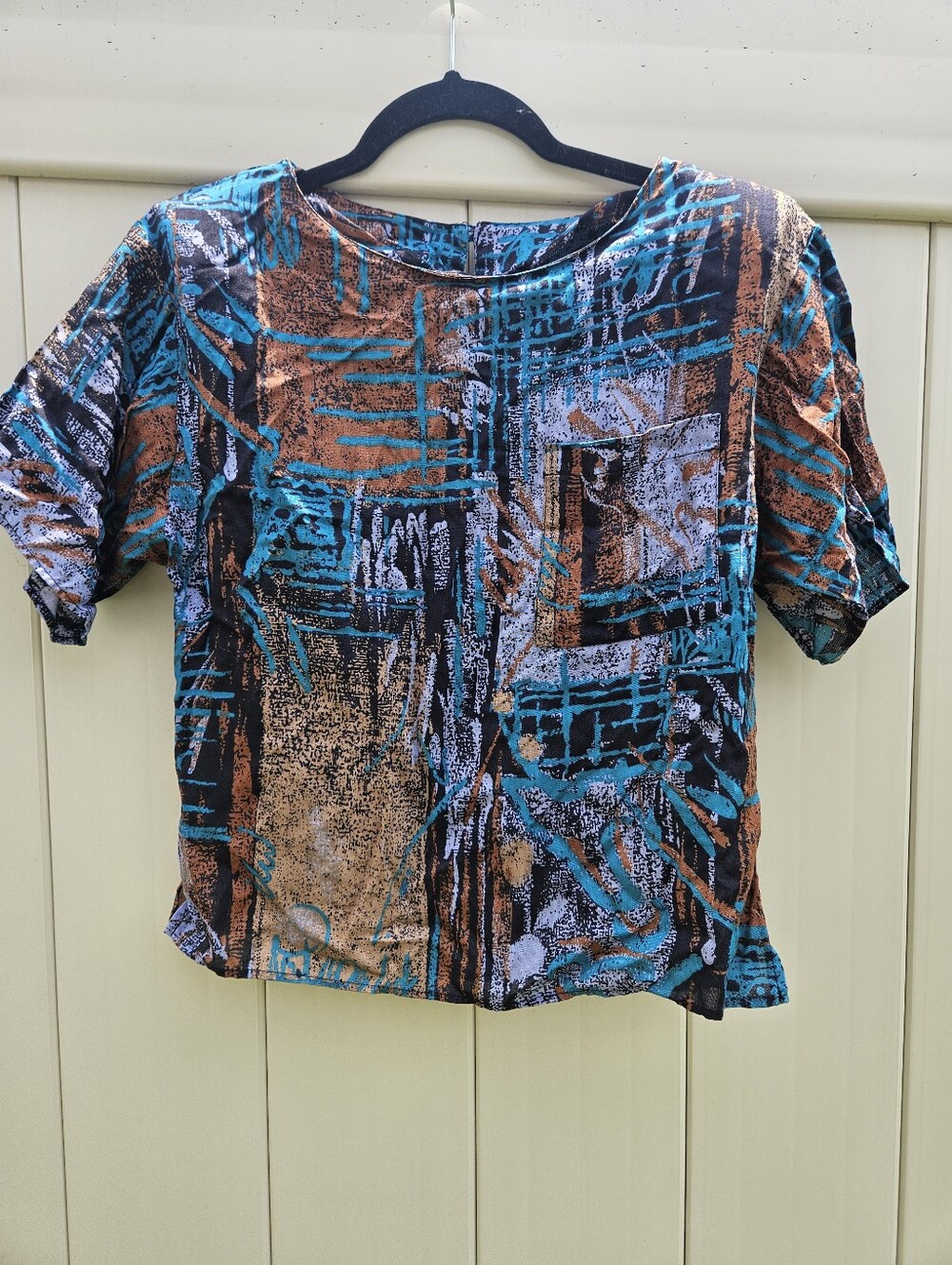 VTG 80s Cristina's Made in USA Abstract Art Print Boxy Crop Blouse Top S Pads